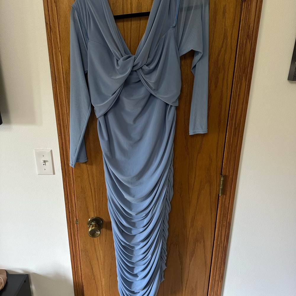 Chic Long Sleeve Blue Draped Dress